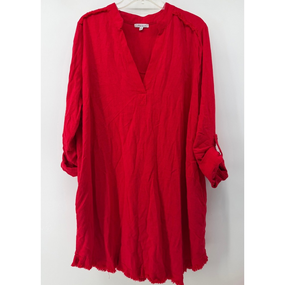 White Birch Red Linen Blend Roll Tab Sleeve Raw Fringe Hem Tunic Dress XL